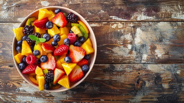 Vibrant mixed fruit salad served in a round bowl, showcasing an array of fresh strawberries, blueberries, kiwi, and oranges on a rustic wooden backdrop. Banner with copy space.