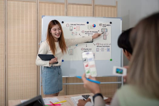 ux developer and ui designer presenting mobile app interface design on whiteboard in meeting at office. Creative digital development mobile app agency. digital transformation.