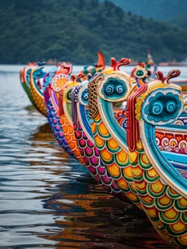 A close-up view of a dragon boats head with a backdrop of rowers on a tranquil lake during a festival