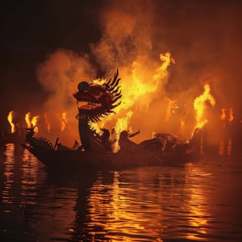 A traditional dragon boat engulfed in flames glides on a serene river at night, creating a mystical scene with fire reflections on water
