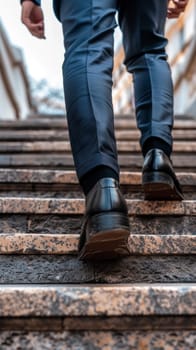 Dynamic perspective of a man in formal attire walking up textured stairs, emphasizing motion and the pace of urban life