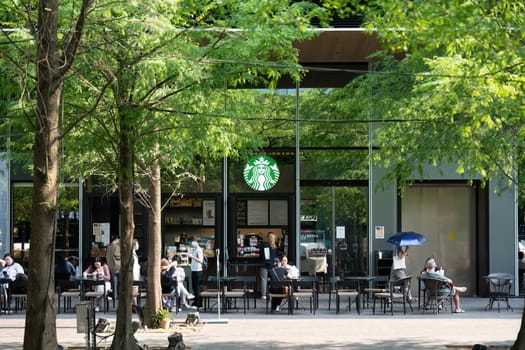 Taipei Taiwan - April 28, 2024 : Starbucks coffee logo in front of the shop.