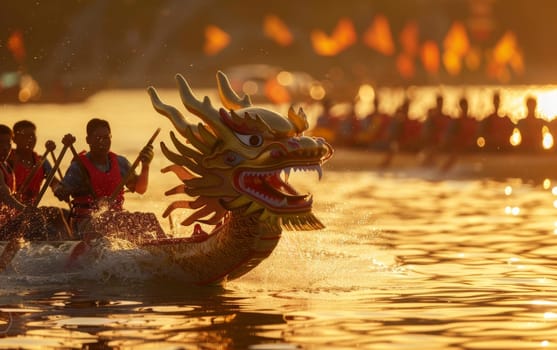 A silhouette of a dragon boat team racing at dusk with water glistening in the fiery sunlight, evoking the fervor of the sport