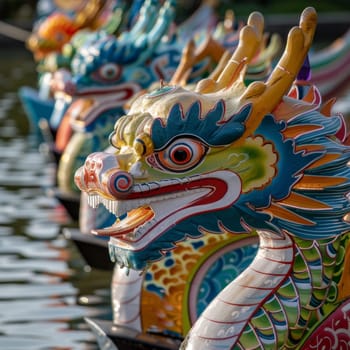 Vibrant dragon boat heads lined up for a race, reflecting the rich cultural tradition of the Dragon Boat Festival.