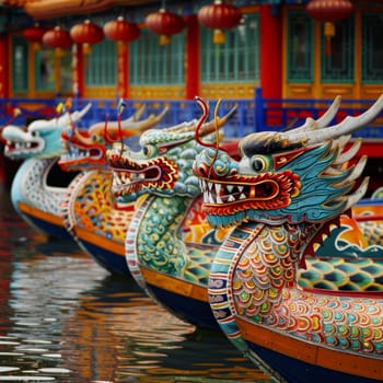 Vibrant dragon boat heads lined up for a race, reflecting the rich cultural tradition of the Dragon Boat Festival.