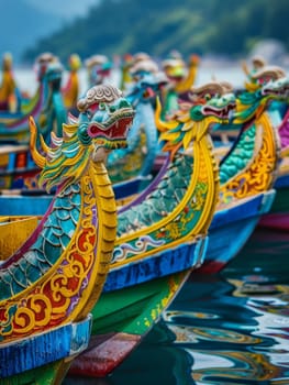 Vibrant dragon boat heads lined up for a race, reflecting the rich cultural tradition of the Dragon Boat Festival.