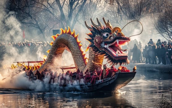 Majestic dragon boat with flames along its body, floating on tranquil waters at sunset, with silhouetted spectators