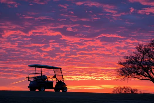 A lone golf cart parked on a fairway at sunset, casting a long shadow, with vibrant orange and pink hues painting the sky.