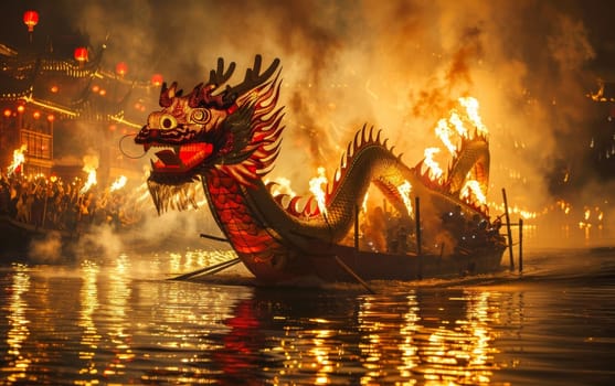 Majestic dragon boat with flames along its body, floating on tranquil waters at sunset, with silhouetted spectators