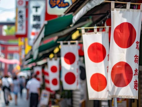 A vibrant street scene in Japan, adorned with traditional Japanese flags fluttering against a backdrop of bustling market activity