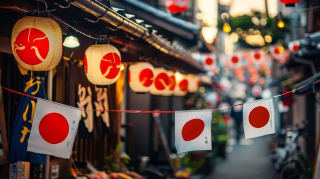 An atmospheric evening view of a Japanese alley, illuminated by paper lanterns with the red circle emblem, creating a warm, welcoming ambiance
