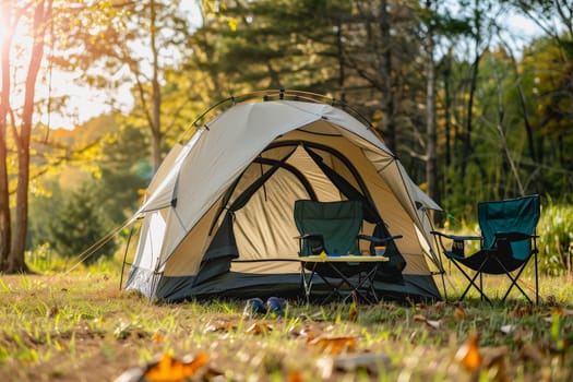 Camping outdoors with lots of sunlight. tent, chairs, a tent BBQ rack, and more.