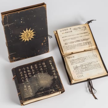 A collection of antique Japanese books and pages with classic writing, arranged on a white surface