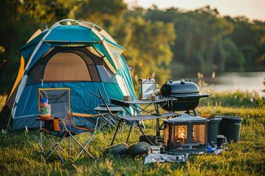 Camping outdoors with lots of sunlight. tent, chairs, a tent BBQ rack, and more.