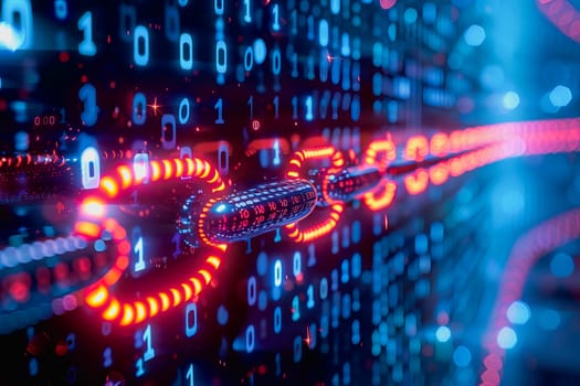 binary numeric data transmission chain of nodes connected in a network form, p2p connection.