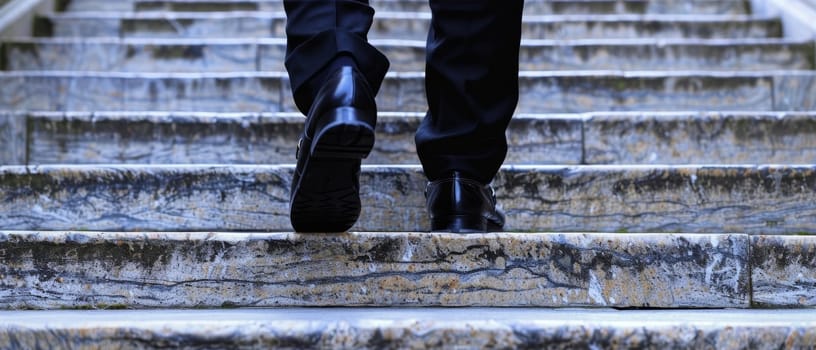 An individual in business attire confidently advances up an outdoor staircase, wearing a pair of sleek black dress shoes.