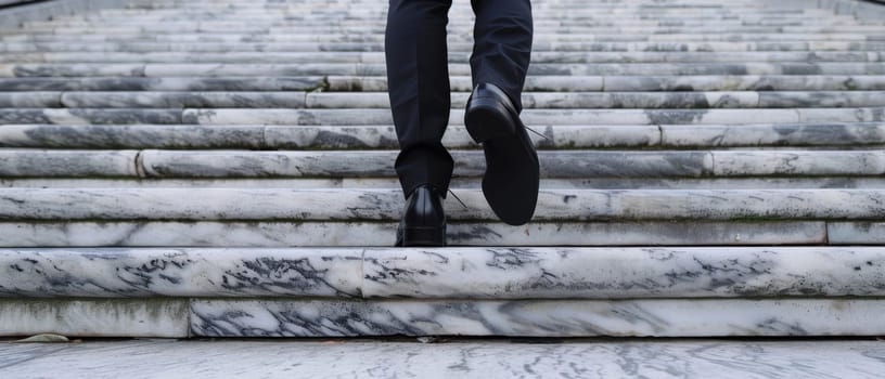 Detail shot of brown leather shoes mid-step, against the backdrop of a grand marble staircase, epitomizing classic style.