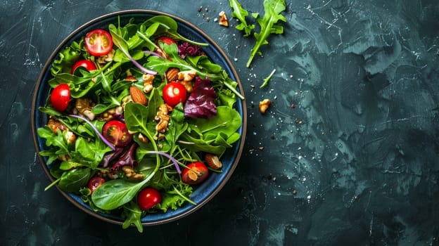 A vibrant mix of green leaves, cherry tomatoes, and nuts in a dark bowl on a textured dark background, portraying healthy eating. Banner with copy space