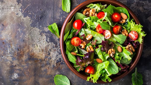 A rustic presentation of mixed greens salad with cherry tomatoes and almonds in an earthenware bowl on a rough surface. Banner with copy space.