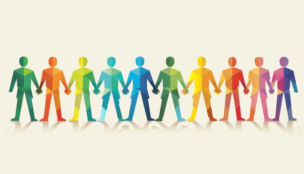 A group of people holding hands in a rainbow line by AI generated image.