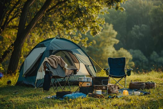 Camping outdoors with lots of sunlight. tent, chairs, a tent BBQ rack, and more.