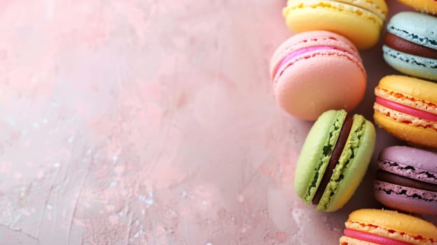 An elegant array of pastel-colored macarons arranged on a pink, textured background, invoking a sense of delicate taste. Banner with copy space.