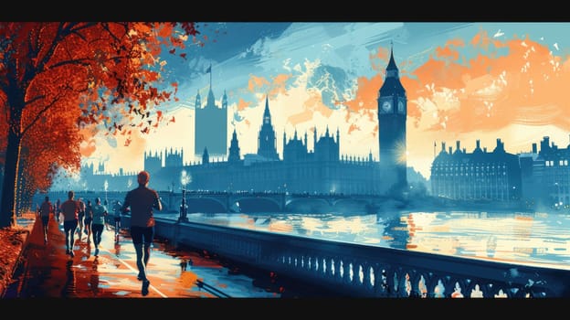 Runners racing in London marathon, poster, illustration,