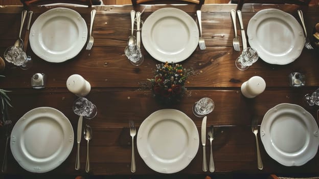 Classic festive table setting with white plates and a decorative floral centerpiece on a warm wooden surface