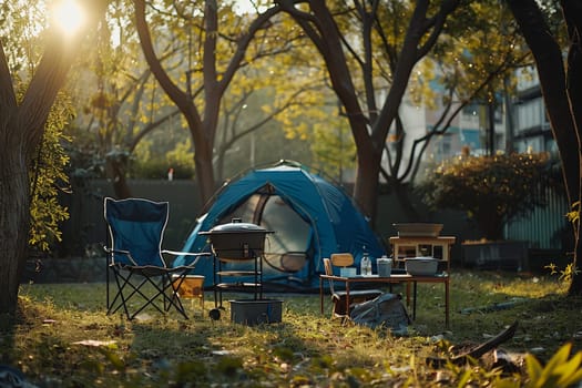 Camping outdoors with lots of sunlight. tent, chairs, a tent BBQ rack, and more.