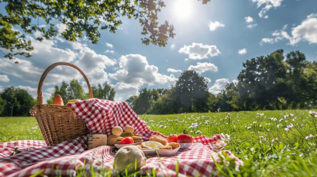 A vibrant picnic setting on a red and white checkered blanket in a green meadow, bathed in sunlight with a clear blue sky above