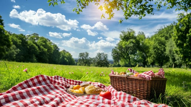 A beautifully arranged picnic on a gingham blanket in the countryside, offering a tranquil spot to enjoy a sunny day outdoors