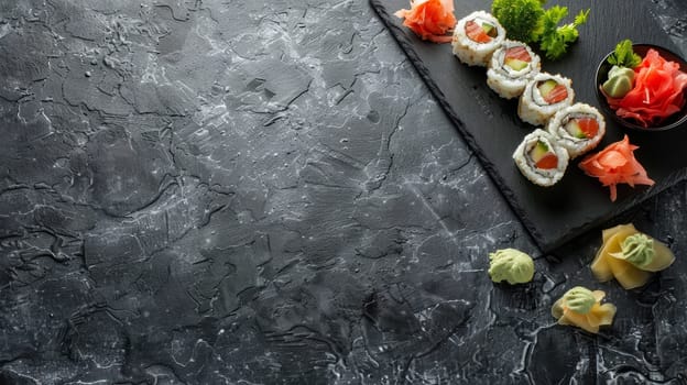 An array of sushi rolls artistically placed on a textured black stone, highlighting the elegant presentation of Japanese cuisine. Banner with copy space.