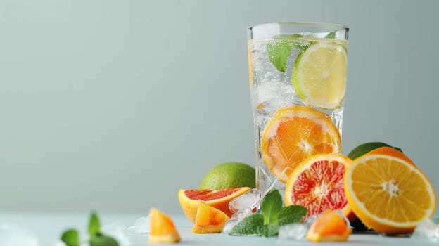 A tall glass of refreshing citrus-infused water with ice, mint, and a variety of citrus slices, on a clean background