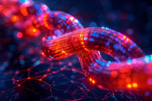 A red and blue chain with a blue and red glow. The chain is made of code and is glowing