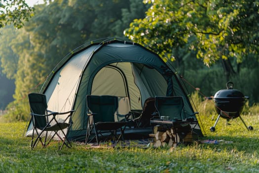 Camping outdoors with lots of sunlight. tent, chairs, a tent BBQ rack, and more.