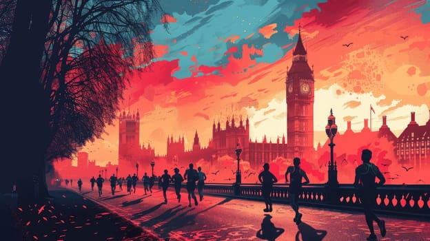 Runners racing in London marathon, poster, illustration,