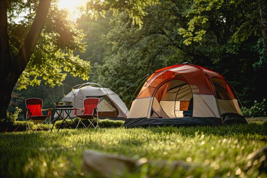 Camping outdoors with lots of sunlight. tent, chairs, a tent BBQ rack, and more.