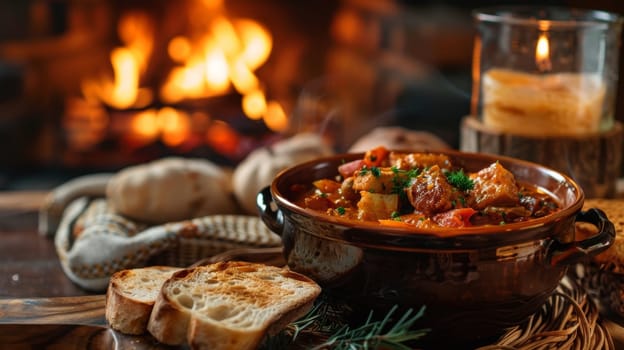 An image capturing the essence of comfort food with a bowl of beef stew served alongside fresh bread, set against a warm fireplace