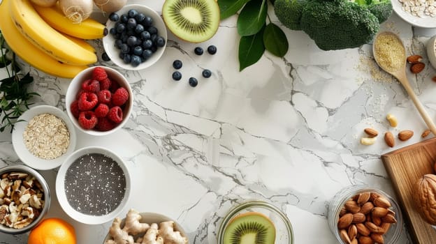A top-down view of a wholesome breakfast setup, showcasing various fresh ingredients on a chic marbled surface. Banner with copy space.