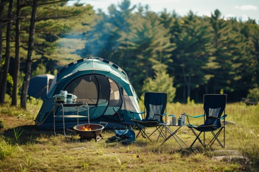 Camping outdoors with lots of sunlight. tent, chairs, a tent BBQ rack, and more.