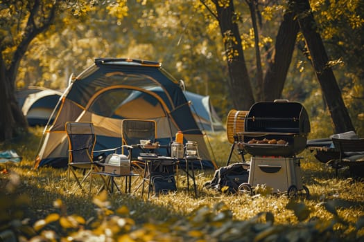 Camping outdoors with lots of sunlight. tent, chairs, a tent BBQ rack, and more.