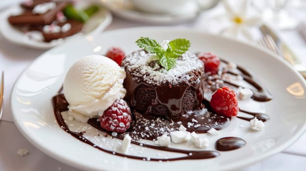 A sophisticated chocolate lava cake with a molten center, complemented by fresh berries and vanilla ice cream, presented on a classy white plate
