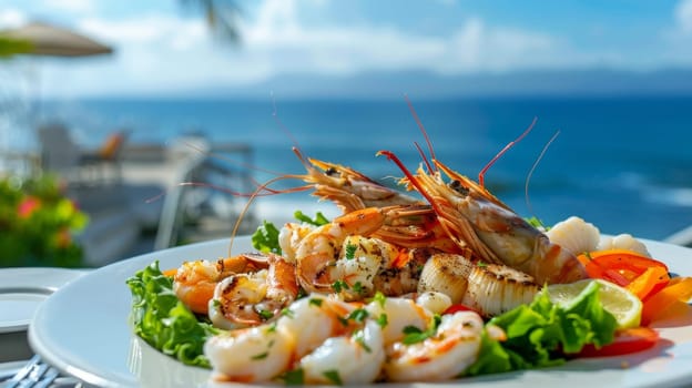An enticing seafood platter served seaside, with succulent prawns and scallops, complemented by an oceanic horizon