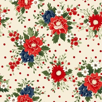 Seamless pattern, tileable Christmas holiday floral, country flowers dots print, English countryside roses for wallpaper, wrapping paper, scrapbook, fabric and product design motif