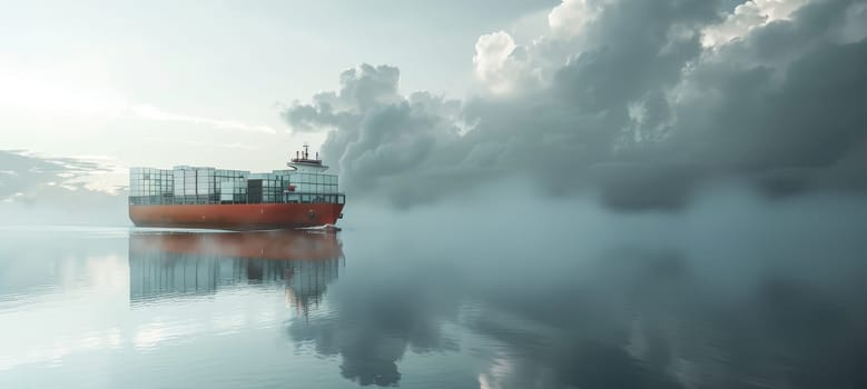 A large red ship is sailing through a foggy sea by AI generated image.