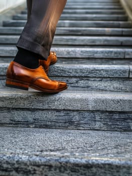 Close-up of a mans polished brown formal shoes ascending a flight of concrete steps, symbolizing progress and determination