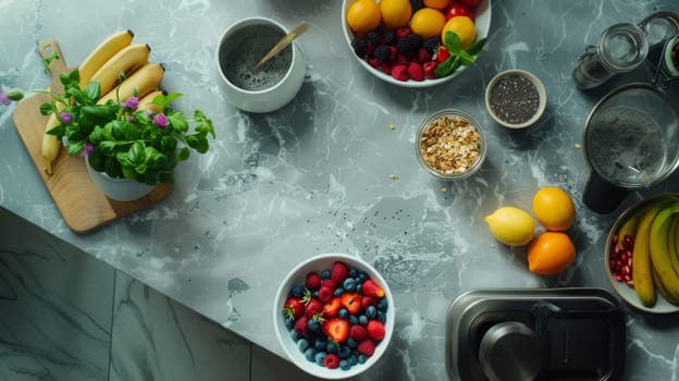 A spread of fresh breakfast ingredients, with fruits, chia seeds, and oats, presented on a marble surface