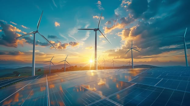 A wind farm with several wind turbines is shown in the image. The sky is cloudy and the sun is setting, creating a moody atmosphere. The wind turbines are spread out across the landscape