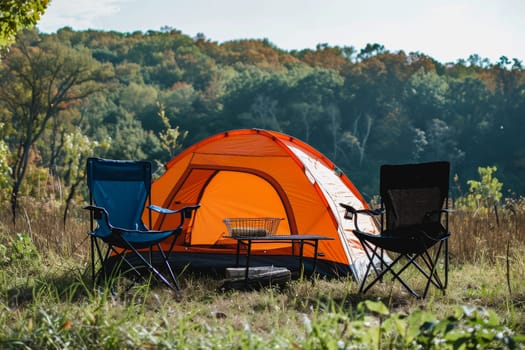 Camping outdoors with lots of sunlight. tent, chairs, a tent BBQ rack, and more.