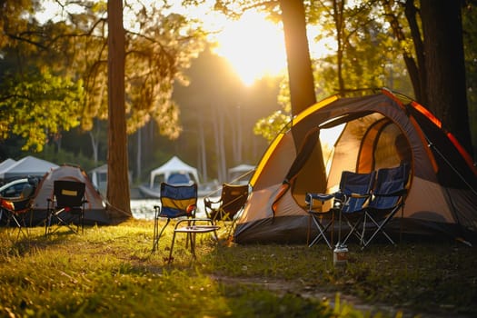 Camping outdoors with lots of sunlight. tent, chairs, a tent BBQ rack, and more.